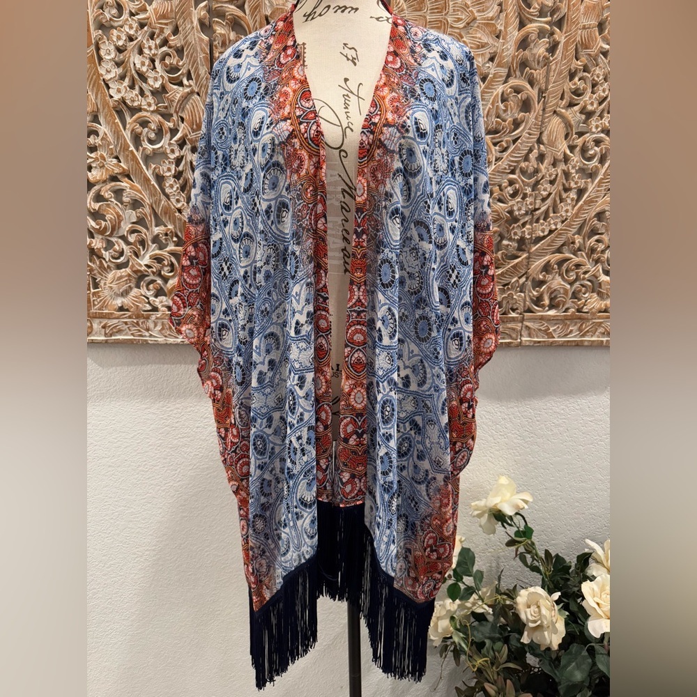 Two by Vince Camuto Blue & Red Floral Boho Fringe Lightweight Cardigan- size 2X